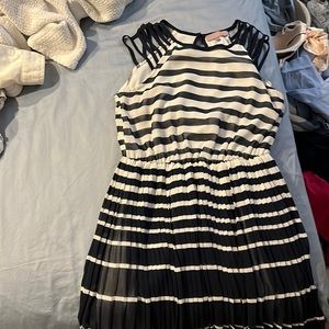 Harper navy blue and white striped mid length dress